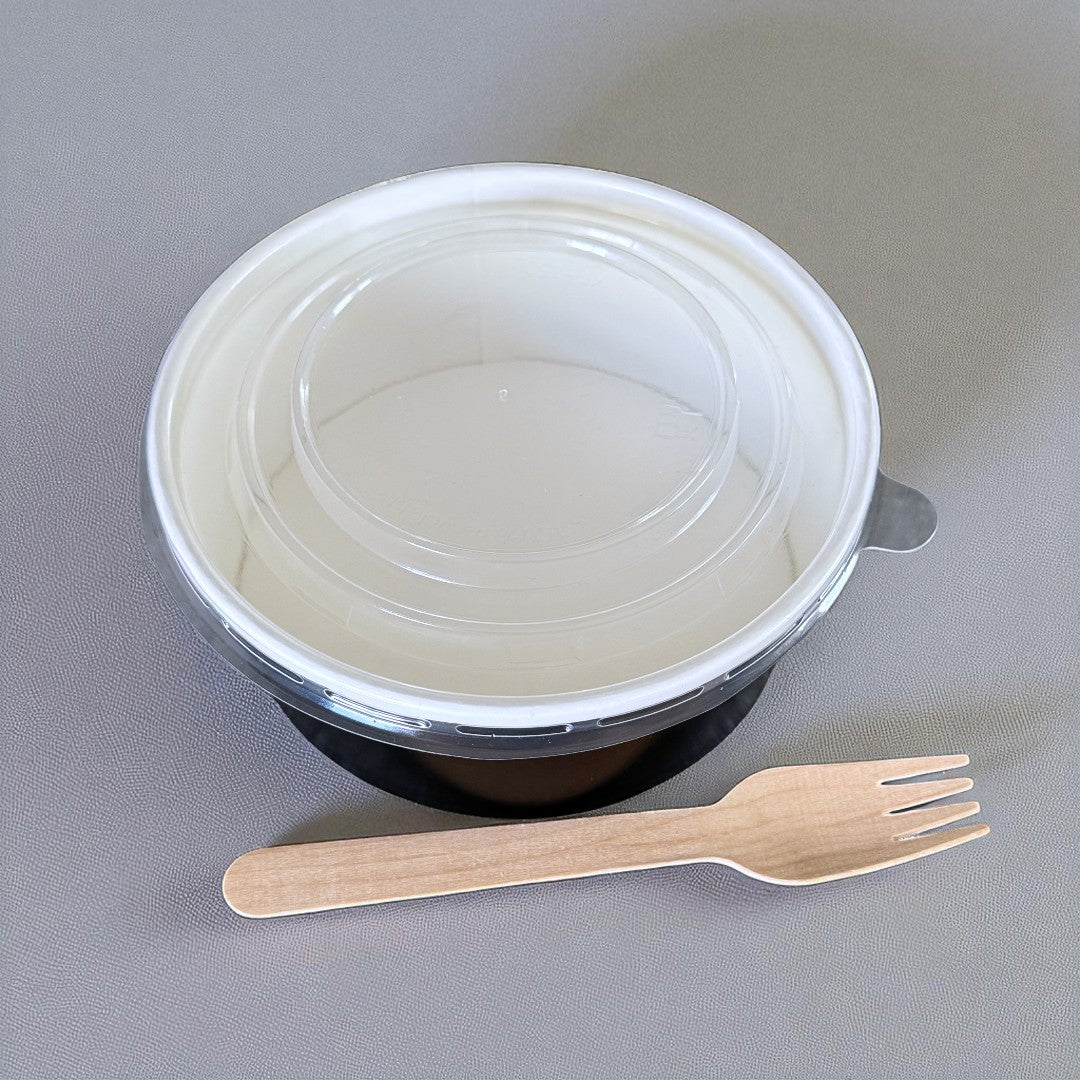 Black 750ml Round Bowl With Clear PP Lid Side Overhead - Propus Packaging